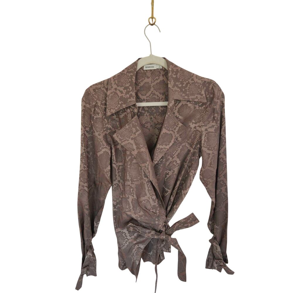 Simkhai - Milo Trench Wrap Python Print Wrap Blouse in Taupe - Picture 3 of 7